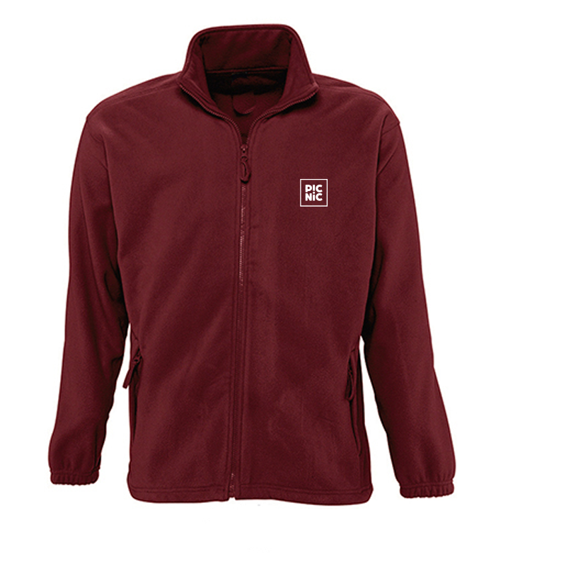 fleece, burgundy, zipper, jacket, pocket
