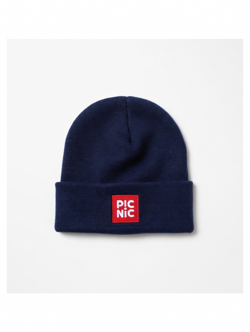 winter hat, beanie, knit, navy blue, logo patch