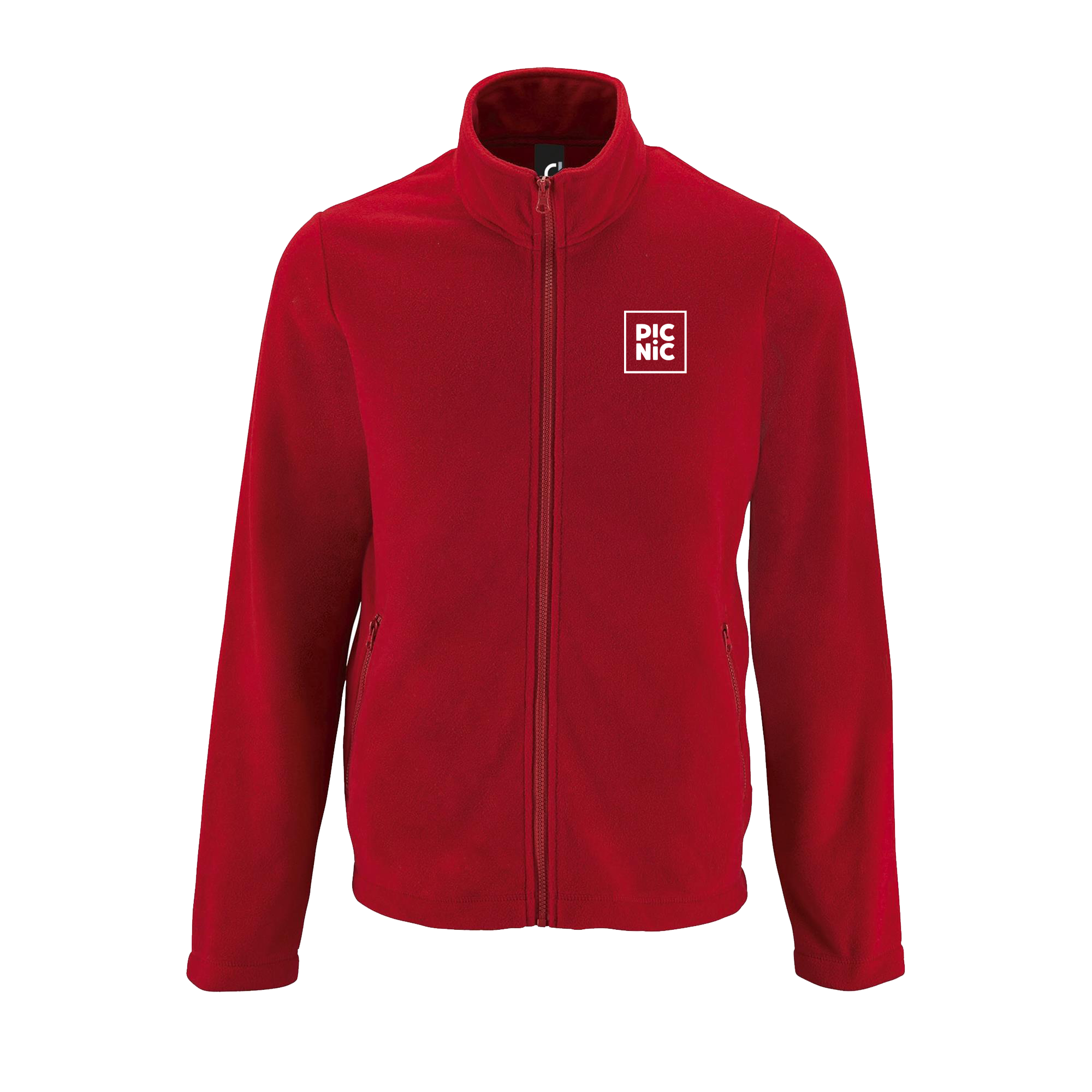 fleece jas, rood, rits, zak, logo, fleece, jacket, rood, ritssluiting, rechthoekig-logo