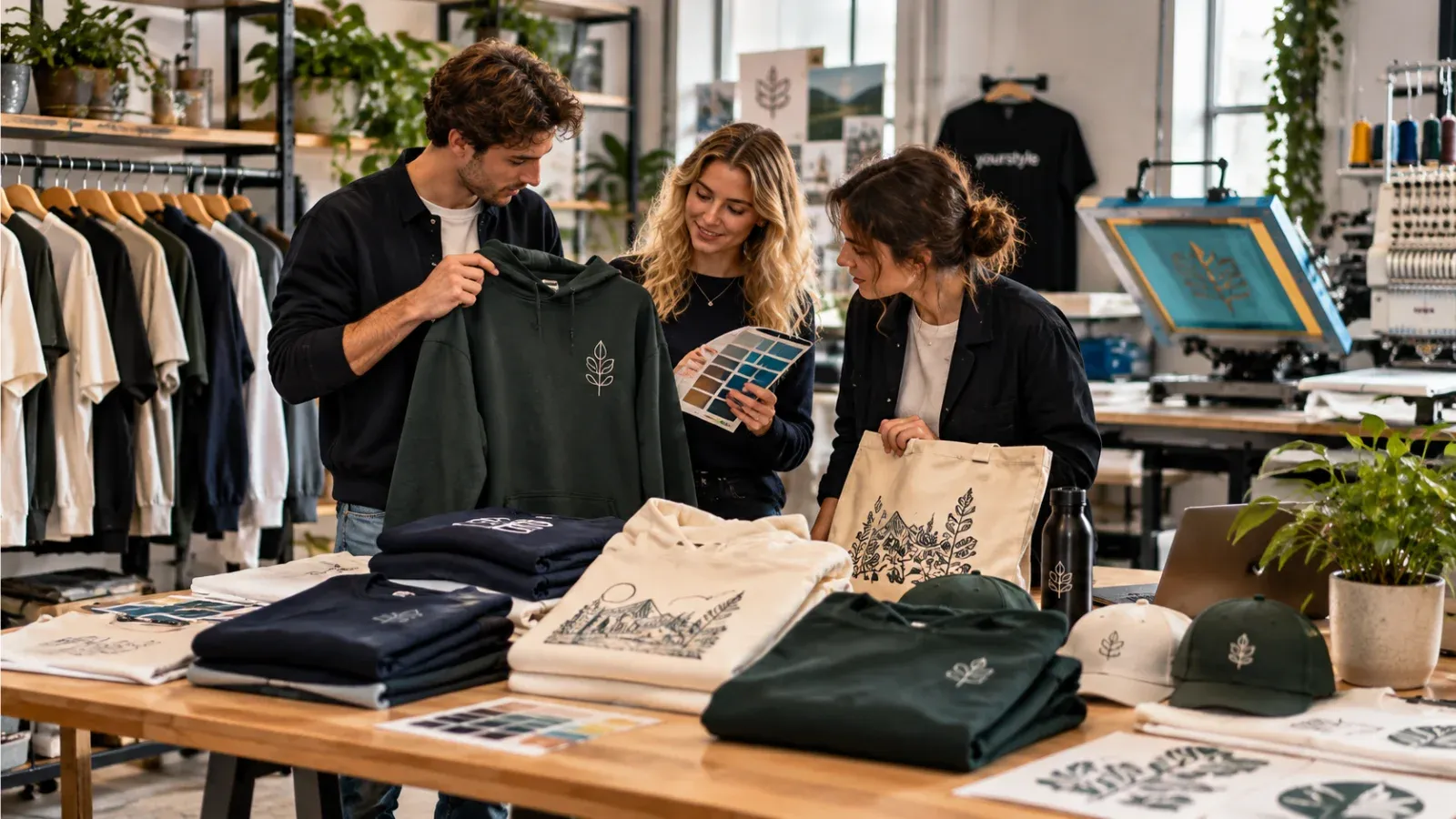 hoodie, donkergroen, capuchon, plantmotief, katoenen tas