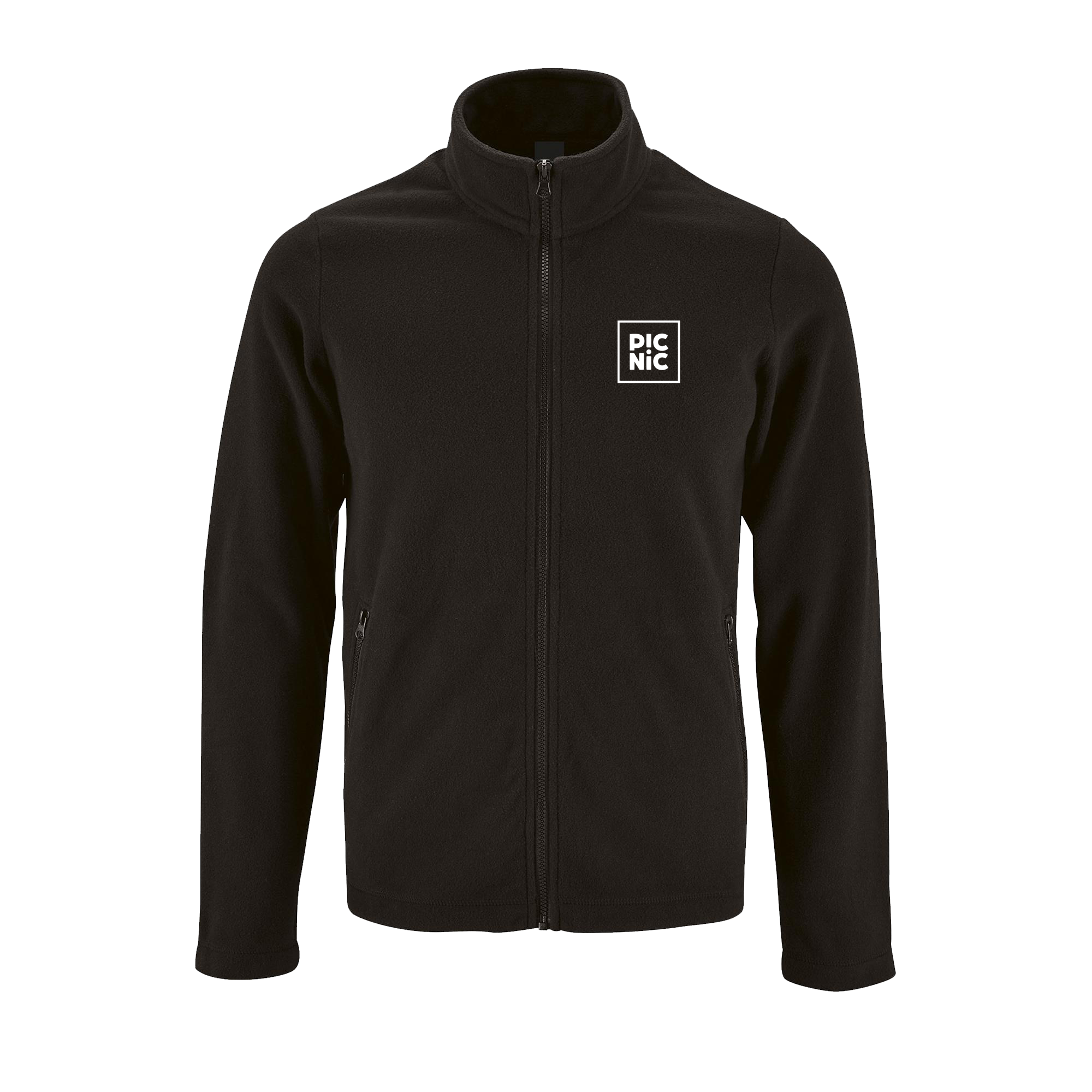 jasje, zwart, full-zip, kraag, logo-rect, jacke, fleece, zwart, rits, logo
